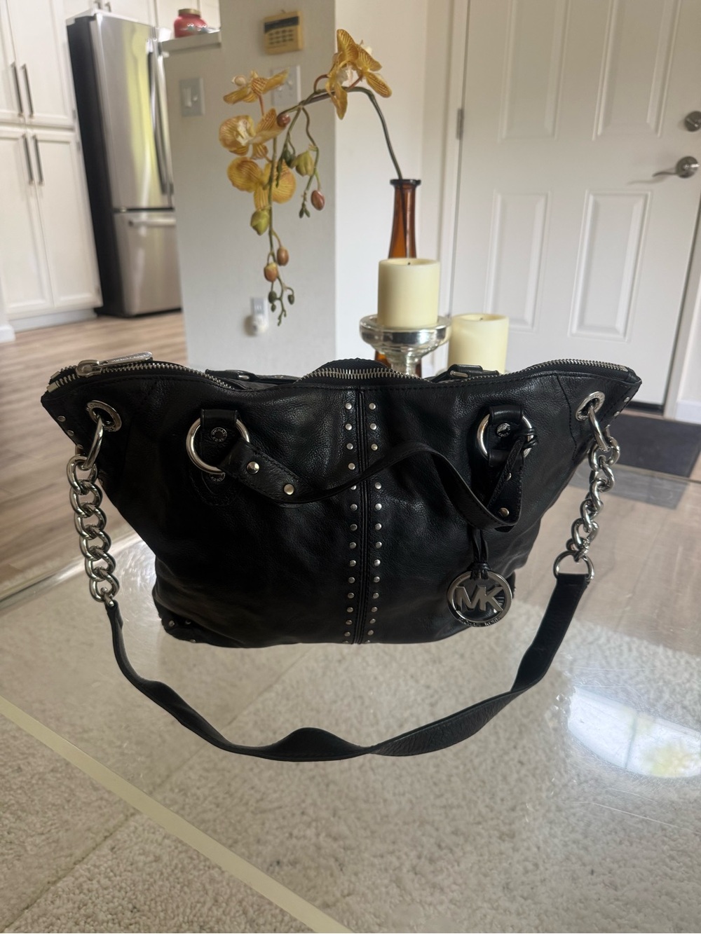Michael Kors Black Leather Shoulder Bag with Silver Hardware and Stud Accents